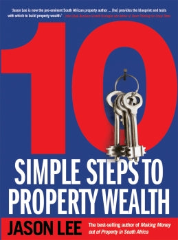 Book cover of '10 Simple Steps to Property Wealth' by Jason Lee with keys on a red and blue background.