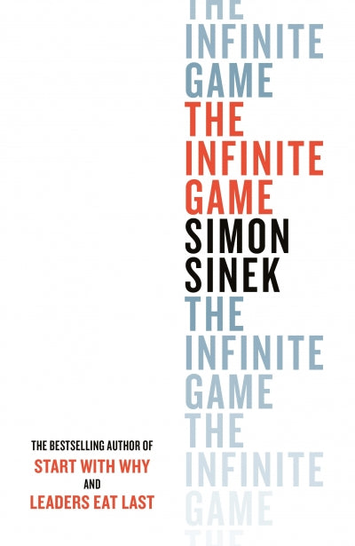 Book cover of 'The Infinite Game' by Simon Sinek with red, blue, and black text on a white background.