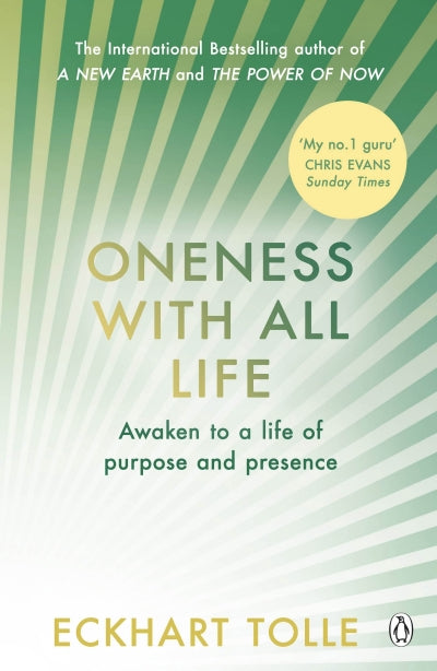 Book cover of 'Oneness with All Life' by Eckhart Tolle with a green and white striped background.