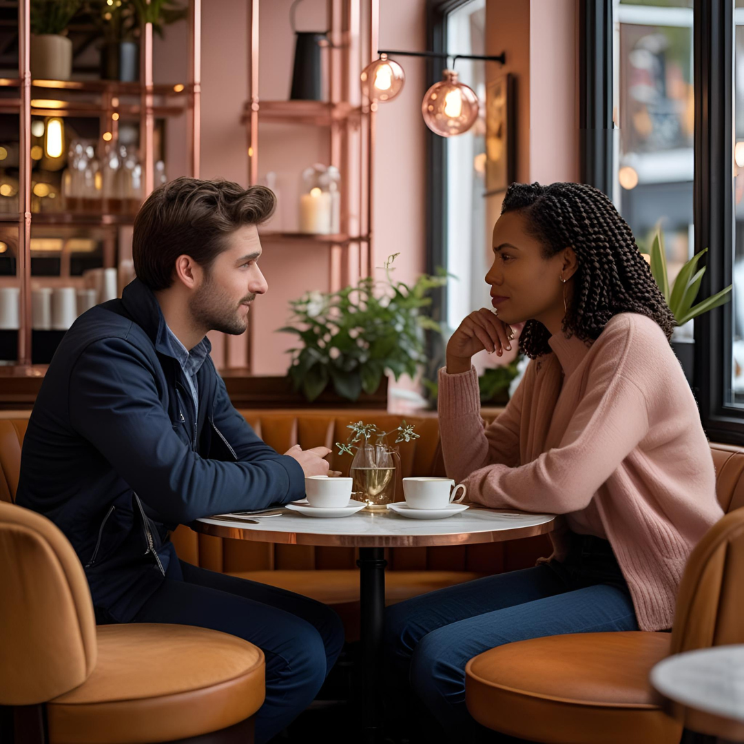 a couple sitting having coffee and good communication