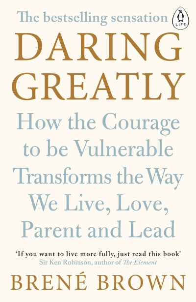 Book cover of 'Daring Greatly' by Brené Brown with a blue and gold color scheme.