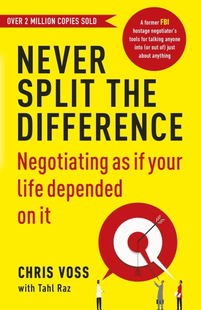 Book cover of 'Never Split the Difference' with a yellow background and red accents.