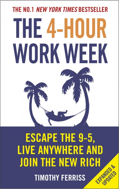 Book cover of 'The 4-Hour Work Week' with palm trees and a hammock design.