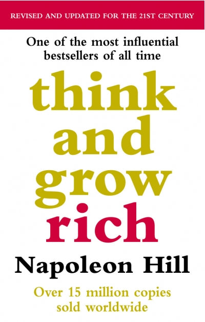 Book cover of 'Think and Grow Rich' by Napoleon Hill with yellow and red text on a white background.