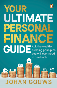 Book cover of 'Your Ultimate Personal Finance Guide' by Johan Gouws with stacks of coins and financial icons on a blue background.