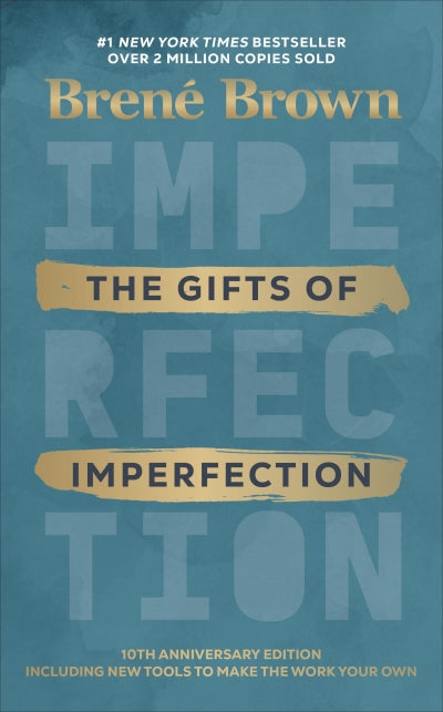 Book cover of 'The Gifts of Imperfection' by Brené Brown with a blue background and gold text.